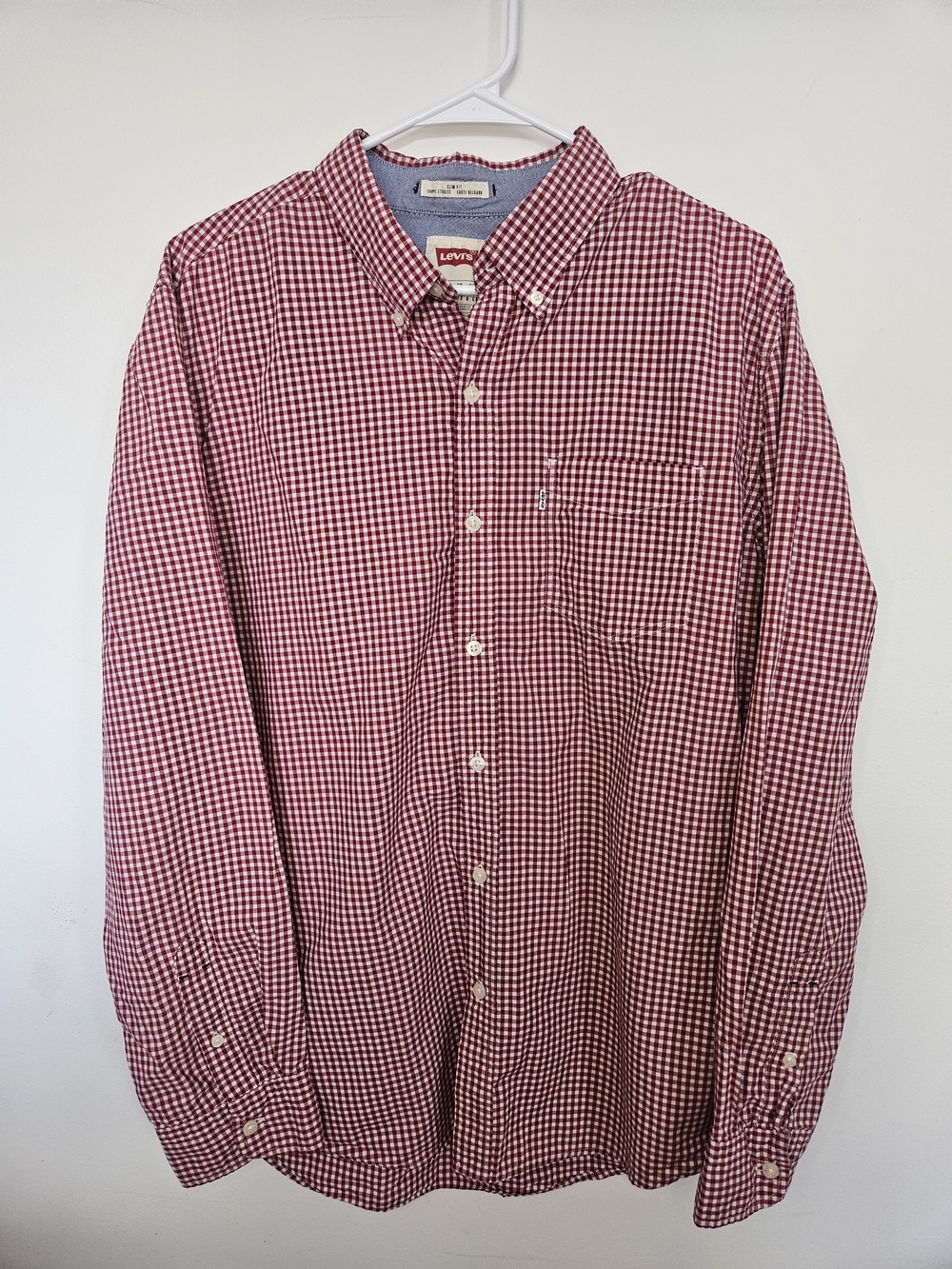 Levi's Men's Slim Fit Red White Gingham Checkered Button Down Shirt XL